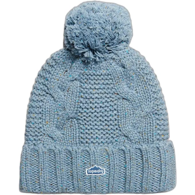 Superdry Kabelgebreide Beanie met Pompon Blauw Grootte: 1SIZE