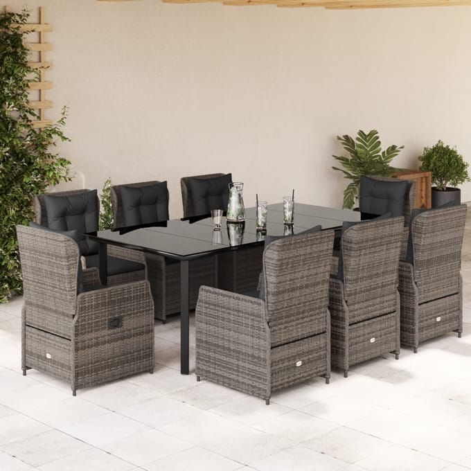 vidaXL - 9-delige - Tuinset - met - kussens - poly - rattan - grijs
