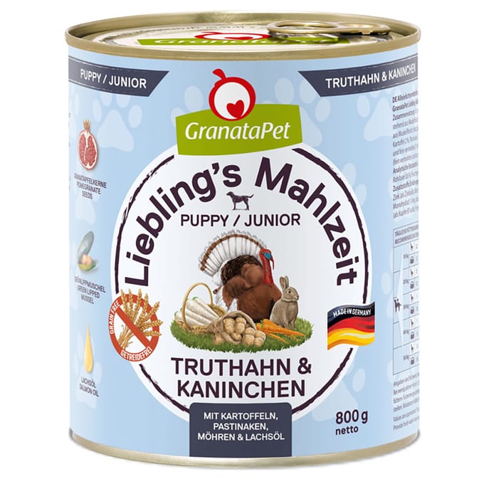 Voordeelpakket GranataPet Lievelingsmaaltijd 12 x 800 g - Puppy Kalkoen & Konijn met Aardappel, Pastinaak, Wortel & Zalmolie