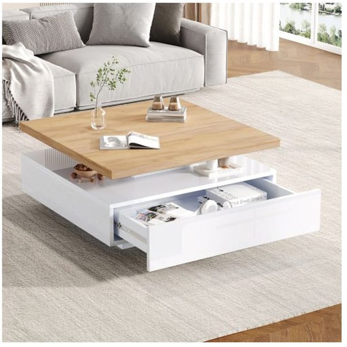 Table basse - MUVOE - Carrée - 360° pivotante - Noyer et blanc brillant - Espace de rangement caché blanc