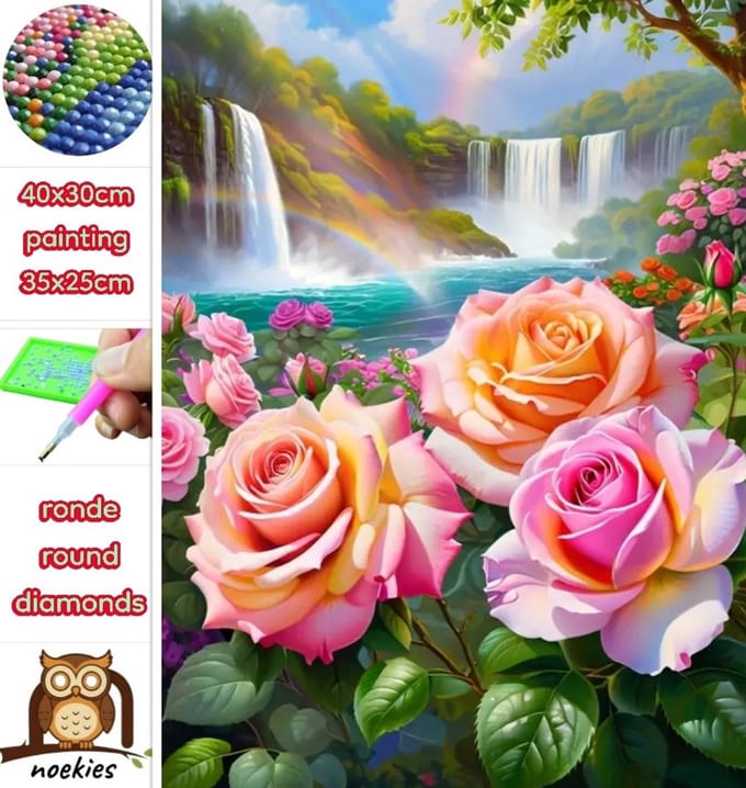 40x30cm Diamond Painting Rozen watervallen (rond) nr 223