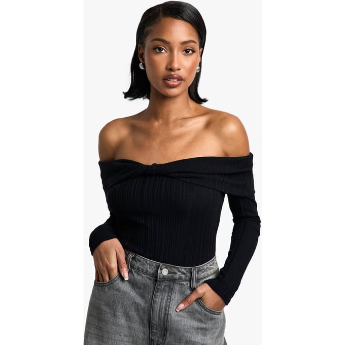 boohoo Dames Rib Bardot Twist Bodysuit | Zwart | Maat: 34