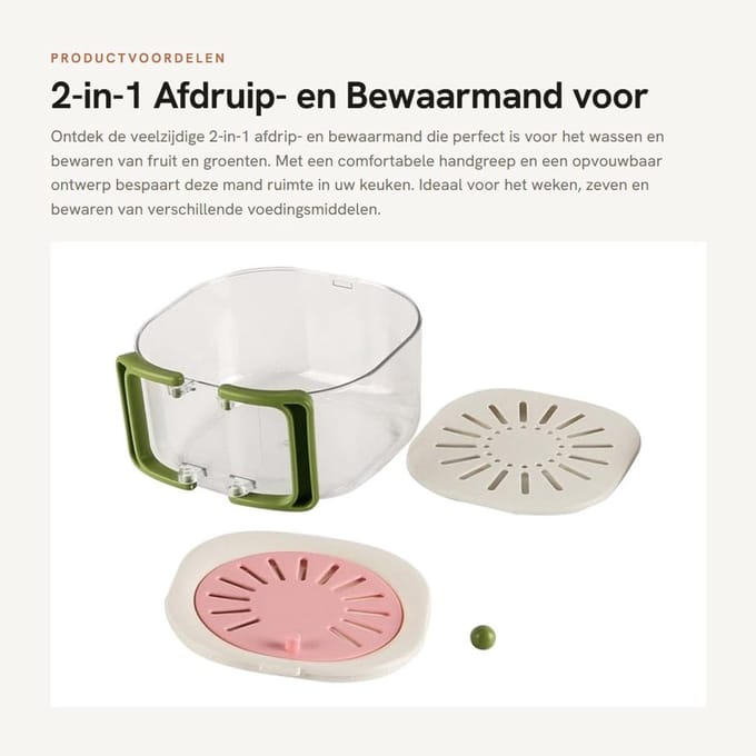 Dailygoods- Afdruipmand 2-in-1 - Opvouwbaar - Zeef - Handgreep - Bewaarcontainer - 15x8,5cm - PP+PET - Vergiet
