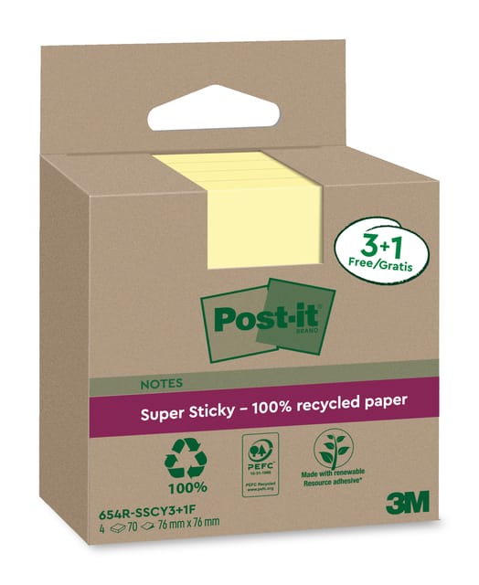 Post-it - Super Sticky Notes Recycled | 70 vel | ft 76 x 76 mm | geel | 3 + 1 GRATIS
