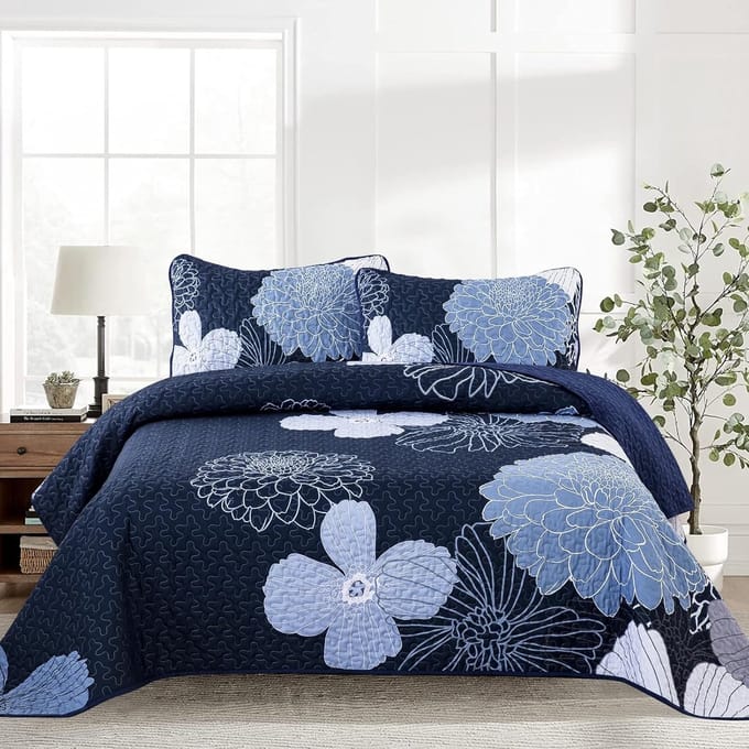 Goodivery ® Elegante Navy Bedsprei Met Bloemenpatroon En Kussensloopset Voor Dubbelbed