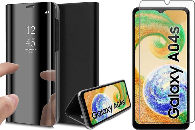 Hoesje geschikt voor Samsung Galaxy A04s / A13 5G - Screen Protector GlassGuard - Book Case Spiegel Zwart & Screenprotector