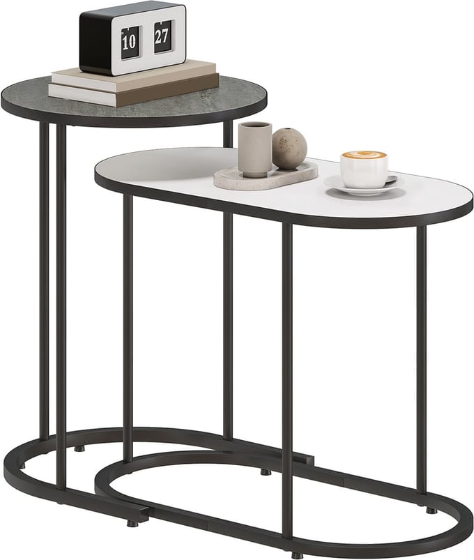 HOMCOM bijzettafelset - Metaal, MDF - 38x38x54,5 cm - Grijs en wit