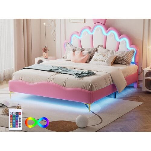 ModernLuxe Kinderbed 140x200cm met LED - prinsessenbed met kunstleren kussen - Roze