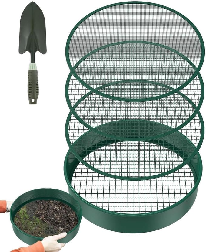 Tuinzeef Metaal - Compostzeef Grond - Bodem Verbeteren - Verwisselbare Schakels - 30 cm Diameter - Donkergroen