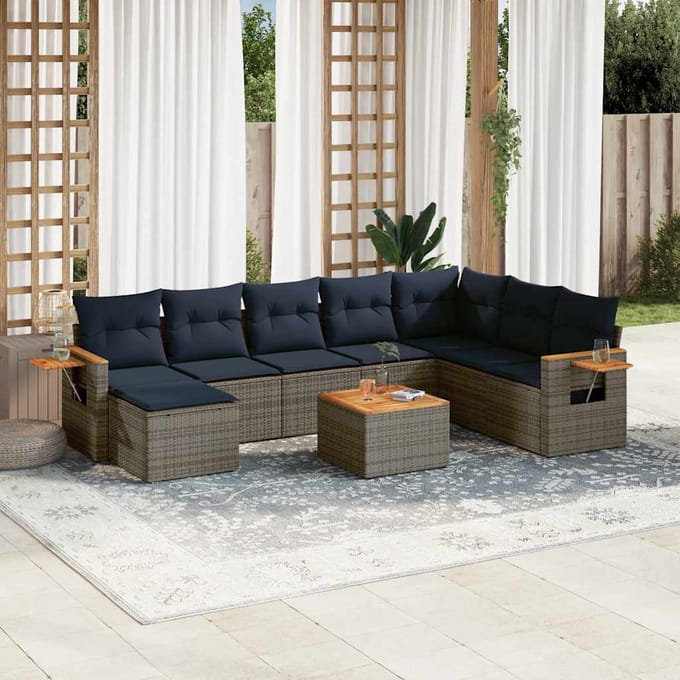 vidaXL - 9-delige - Loungeset - met - kussens - poly - rattan - grijs