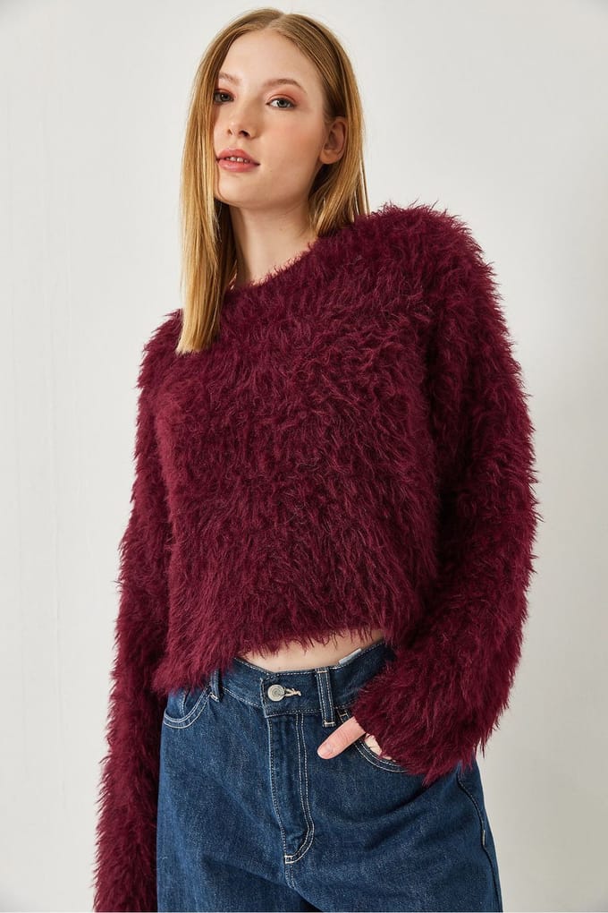 Geverfde Crew Neck Crop Trui met Pluche Detail