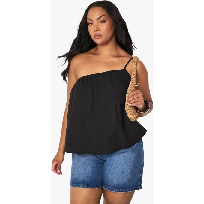 boohoo Dames Plus Katoenen Popeline One-Shoulder Cami | Black | Maat: 28