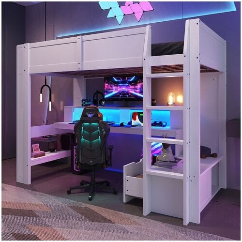 Merax Kinderhoogslaper - 90 x 200 cm - met bureau + LED's + 1 lade + planken - grenen - wit