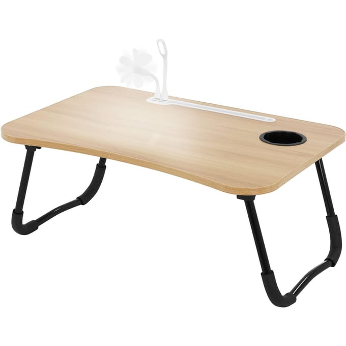 ML-Design Laptoptafel voor bed/sofa, houtlook 60x40cm, inklapbare bedtafel, laptoptafel met 4 USB-laadpoorten, lade, USB-lamp, ventilator, tabletstandaard, bekerhouder, laptopstandaard Lapdesk