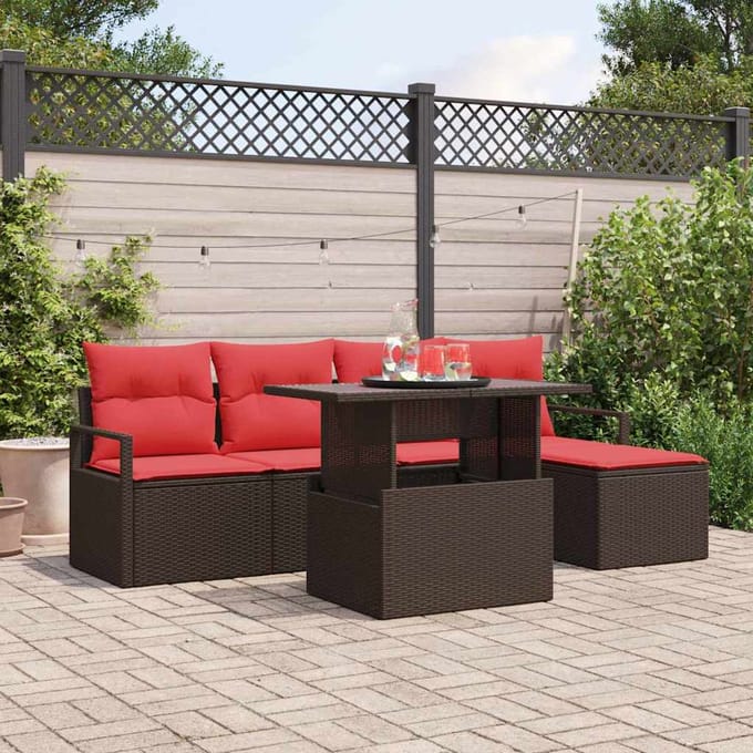 vidaXL - Tuinbank - Set - 6 - st - Bruin - en - Rood - poly - rattan