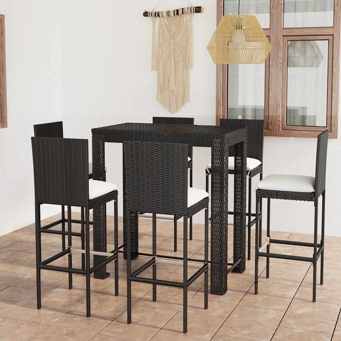 vidaXL - 7-delige - Tuinbarset - met - kussens - poly - rattan - zwart