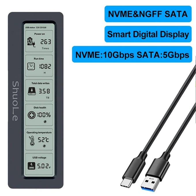 M.2 NVME/NGFF Dubbel Protocol SSD Behuizing Visuele Slimme SSD Case Gezondheidsdetectie USB 3.2 Gen 2 10Gbps Aluminiumlegering PCI-E Behuizing nvme &sata blue