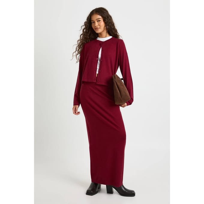 boohoo Dames Rib Knit Maxi Rok | Burgundy | Maat: Medium