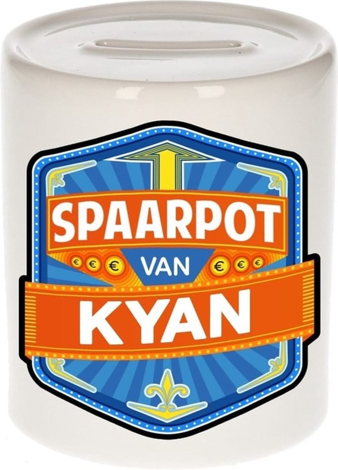 Bellatio Decorations Kinder spaarpot met naam - Kyan - keramiek - met dop - wit - Sparen - Spaargeld van Kyan