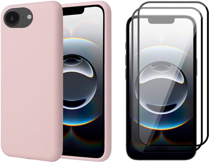 Hoesje geschikt voor iPhone 16e - 2x Screenprotector Volledig Dekkend Glas - Mat Back Case Roze