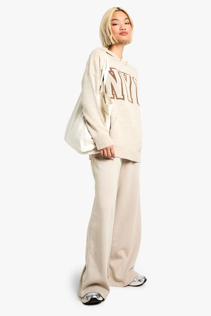 boohoo Dames NYC Gebreide Hoodie met capuchon | Stone | Maat: Small