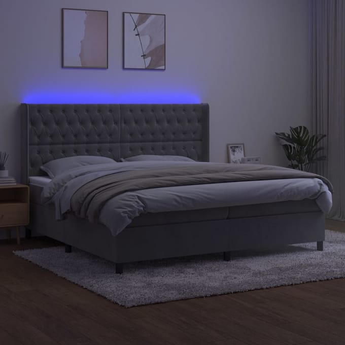vidaXL - Boxspring - met - matras - en - LED - fluweel - lichtgrijs - 200x200 - cm