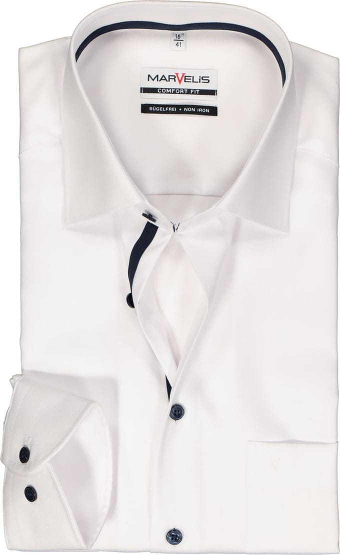 MARVELIS comfort fit overhemd - twill - wit - Strijkvrij - Boordmaat: 48