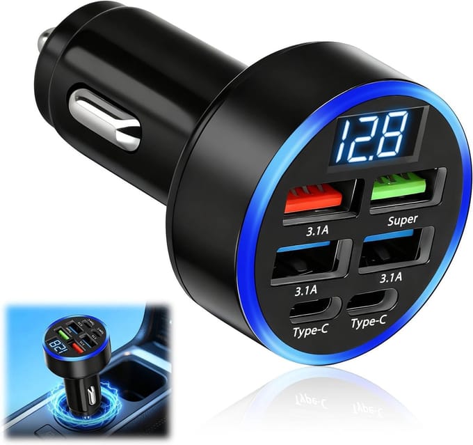 Autolader Sigarettenaansteker 6 Poorten 50W, USB-C & USB-A Snellader met LED-Display, 12V-24V Autoadapter, 2×USB-C + 4×USB-A (1×Super, 3×3.1A), Oplader voor iPhone, Samsung, Huawei, iPad, GPS