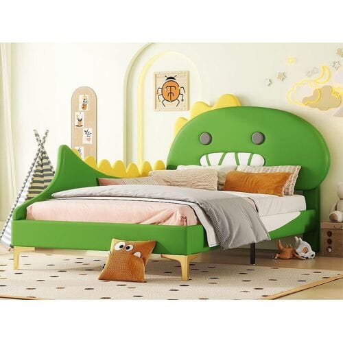 ModernLuxe Kinderbed 90x200 cm - dinosaurusvorm - in kunstleer - Groen