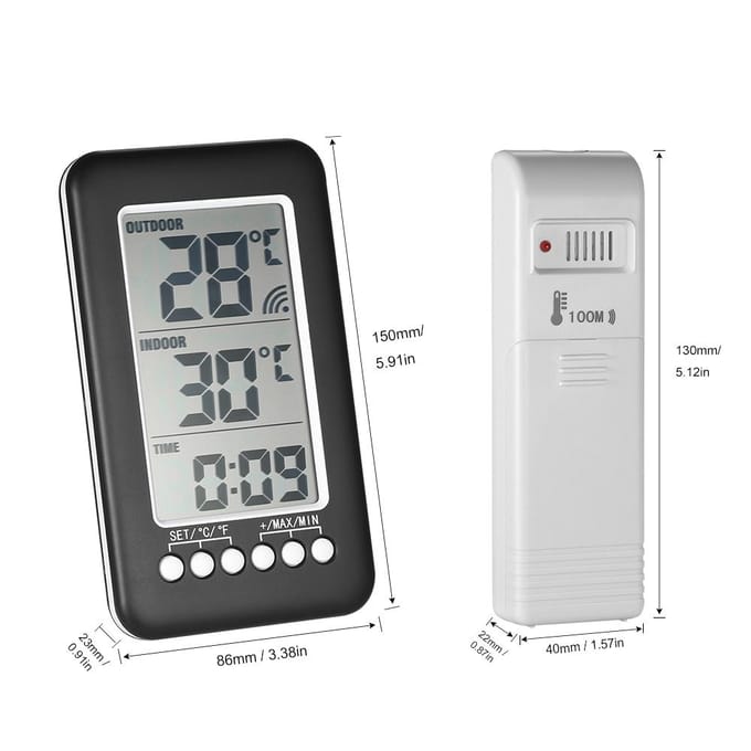 LCD graden Celsius Digitale draadloze binnen-/buitenthermometer Kloktemperatuurmeter met zender gray