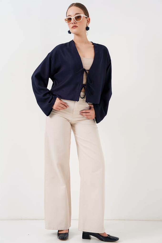 Viscose Mix V-hals Lange Mouwen Kimono met Binding Detail