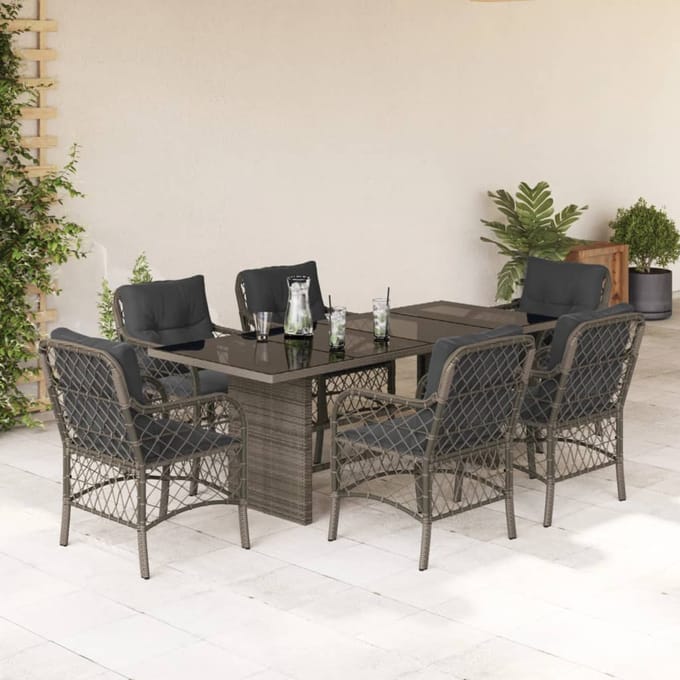 vidaXL - 7-delige - Tuinset - met - kussens - poly - rattan - grijs