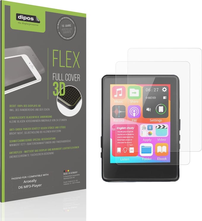 dipos FLEX – 2x Matte Screenprotector geschikt voor Aroeally D6 MP3-Player | Volledige Schermbescherming | Case-Friendly