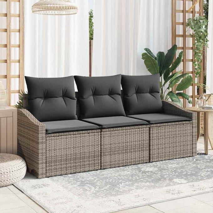 vidaXL Tuinbank Set met kussen met opslag 3 pcs Grijs poly rattan