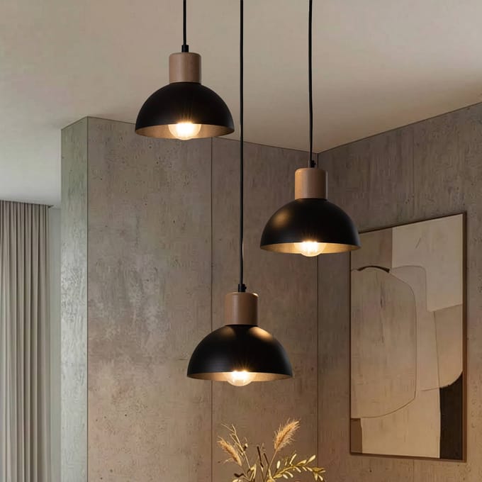 EMIBIG LIGHTING Seco hanglamp, Ø 30 cm, zwart, metaal/hout, 3-lamps.