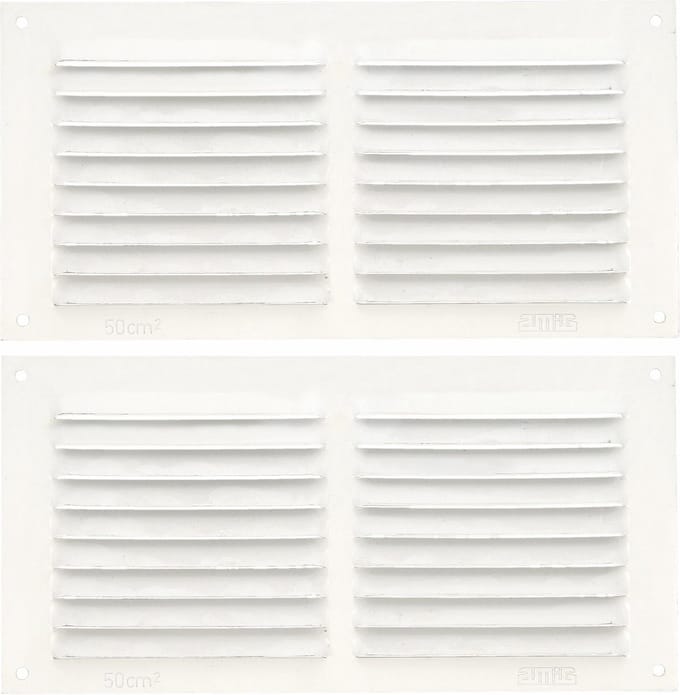 AMIG Ventilatierooster/muurrooster - 2x - 100 x 200mm - aluminium - wit - schoepenrooster