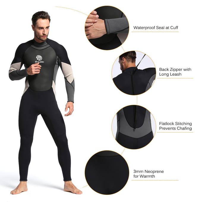 Combinaison de plongée complète pour hommes, 3mm, fermeture éclair au dos, pour natation, surf, plongée en apnée XL gray