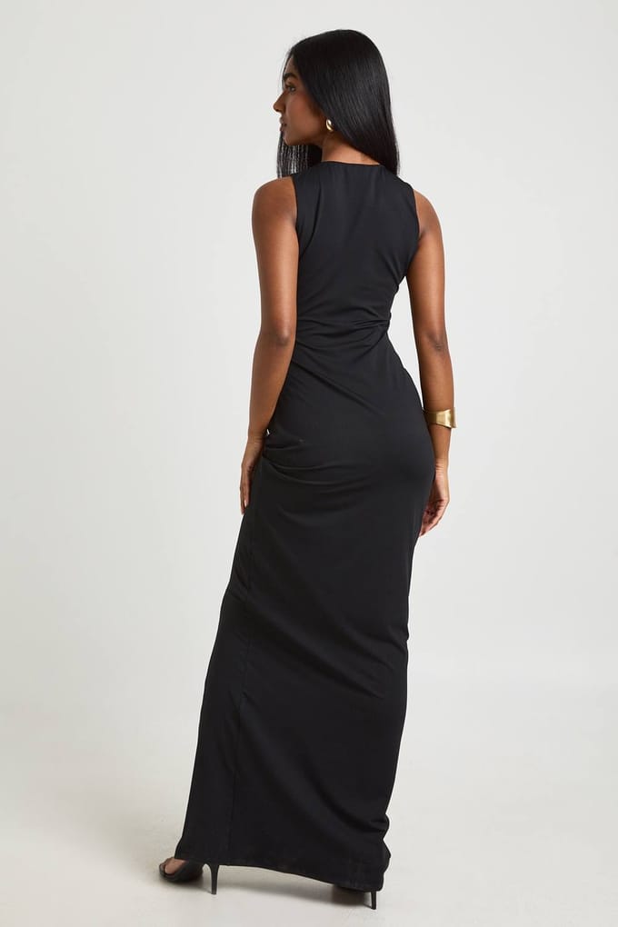 boohoo Dames Slinky Geplooide Zijkant Maxi Jurk | Zwart | Maat: 44