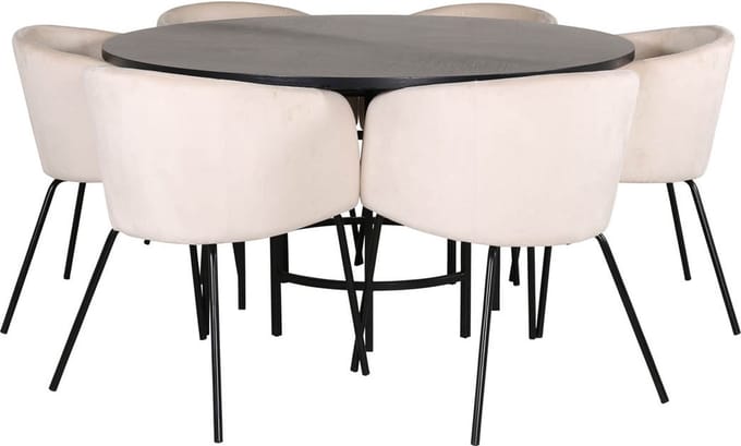 Copenhagen eethoek eetkamertafel bruin en 6 Berit eetkamerstal velours beige.