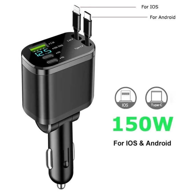 5-in-1 150W Autolader met 2 Intrekbare Kabels USB Type C Supersnellader Adapter met Spanningsweergave voor iPhone & Android