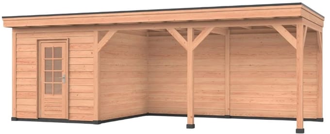 Douglas overkapping, 750 x 250, Met achterwand en schuur, Westwood Comfort Basic
