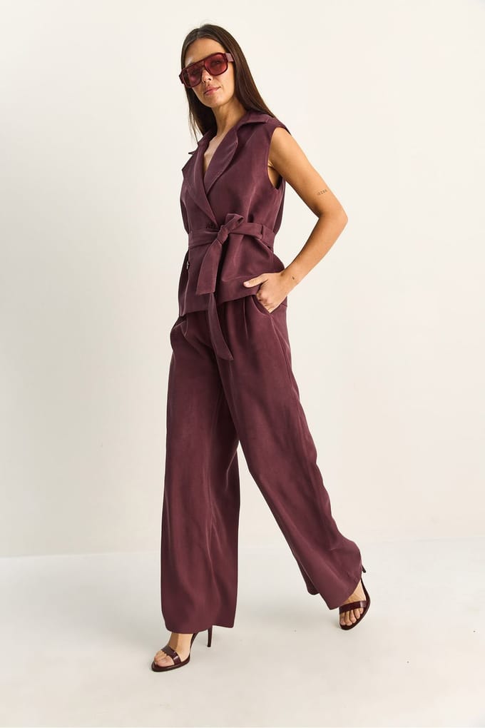 Hoge Taille Wijde Pijpen Co-ord Set met Sjaalkraag
