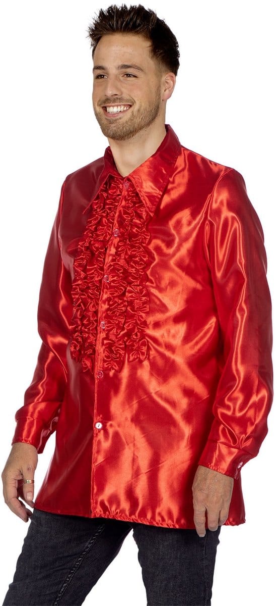 Knallend Rode Foute Ruchesblouse Satijn Disco Party Man