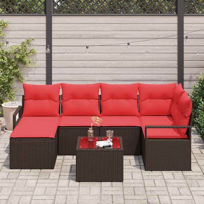 vidaXL - Bankstel - 7 - st - Bruin - en - Rood - poly - rattan