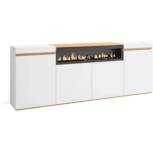 Skraut Home Dressoir, Opbergkast, 200x35x75cm, 4 Deuren, Elektrische haard, Wit en Eiken soft