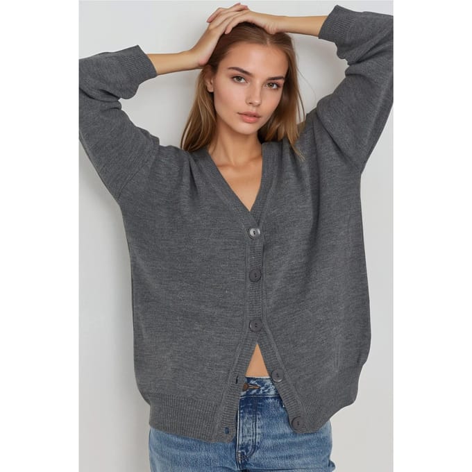 Oversized Geribbelde V-hals Knopen Cardigan