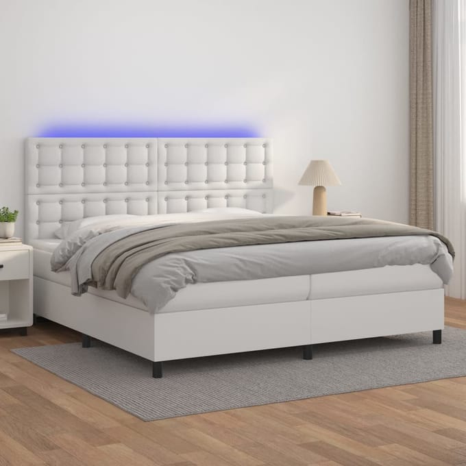 vidaXL - Boxspring - met - matras - en - LED - kunstleer - wit - 200x200 - cm