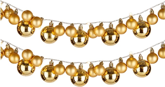 Krist+ Kerstslinger - 2x - verlicht - met kerstballen - 93 LEDs - goud - op batterij