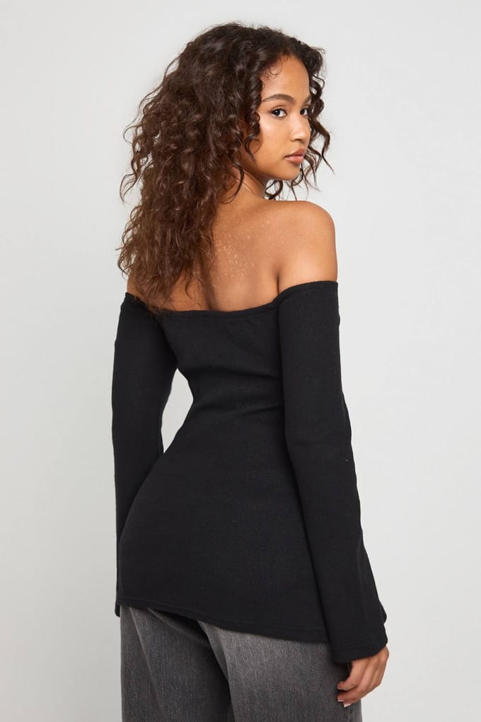 boohoo Dames Geborsteld rib Bardot strik taille Lonline top | Black | Maat: 6