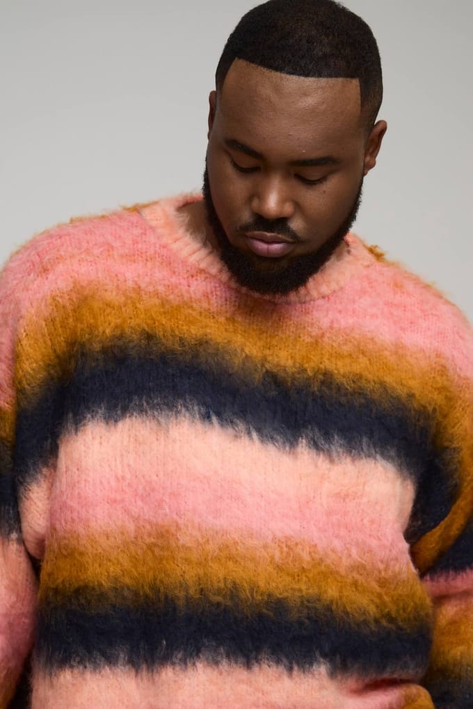 Plus Boxy Oversized Geborstelde Streep Gebreide Trui | Pink | Size 2XL